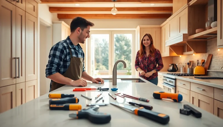 Professional kitchen fitters installing beautiful cabinets and countertops in a modern kitchen.