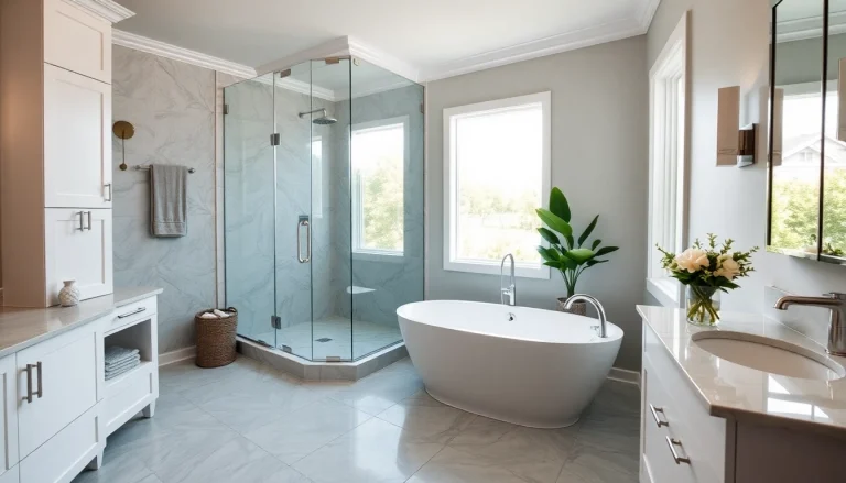 Bathroom remodeling contractor showcasing a modern, luxurious bathroom transformation with elegant fixtures and natural light.