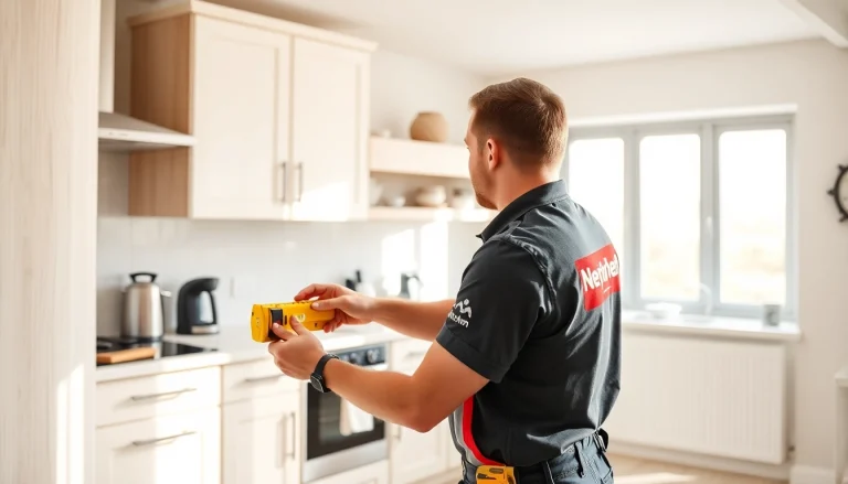 Kitchen fitters meticulously measuring and installing cabinets in a bright, modern kitchen.