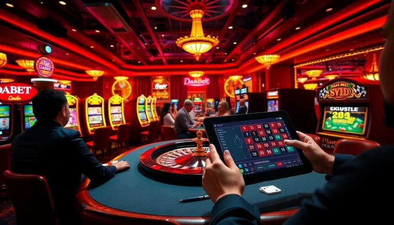 Dabet's exciting casino experience featuring players at poker tables with vibrant slot machines in the background.