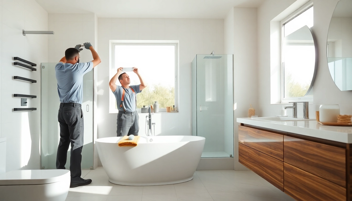 Bathroom fitters expertly installing modern fixtures in a stylish bathroom remodel.