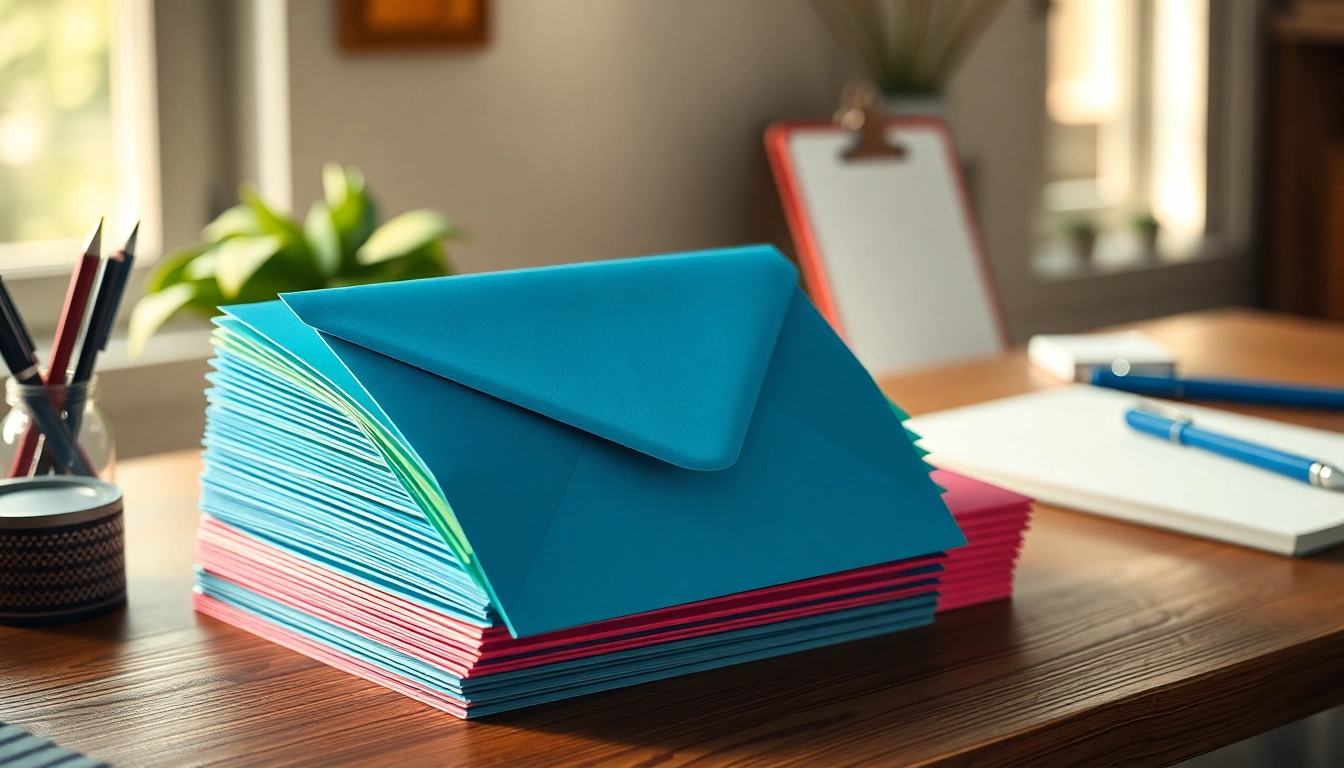 Vibrant A5 window envelopes arranged on a desk, showcasing diverse colors and designs.