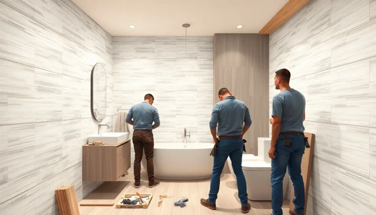 Bathroom fitters skillfully installing modern fixtures in a beautiful remodel.