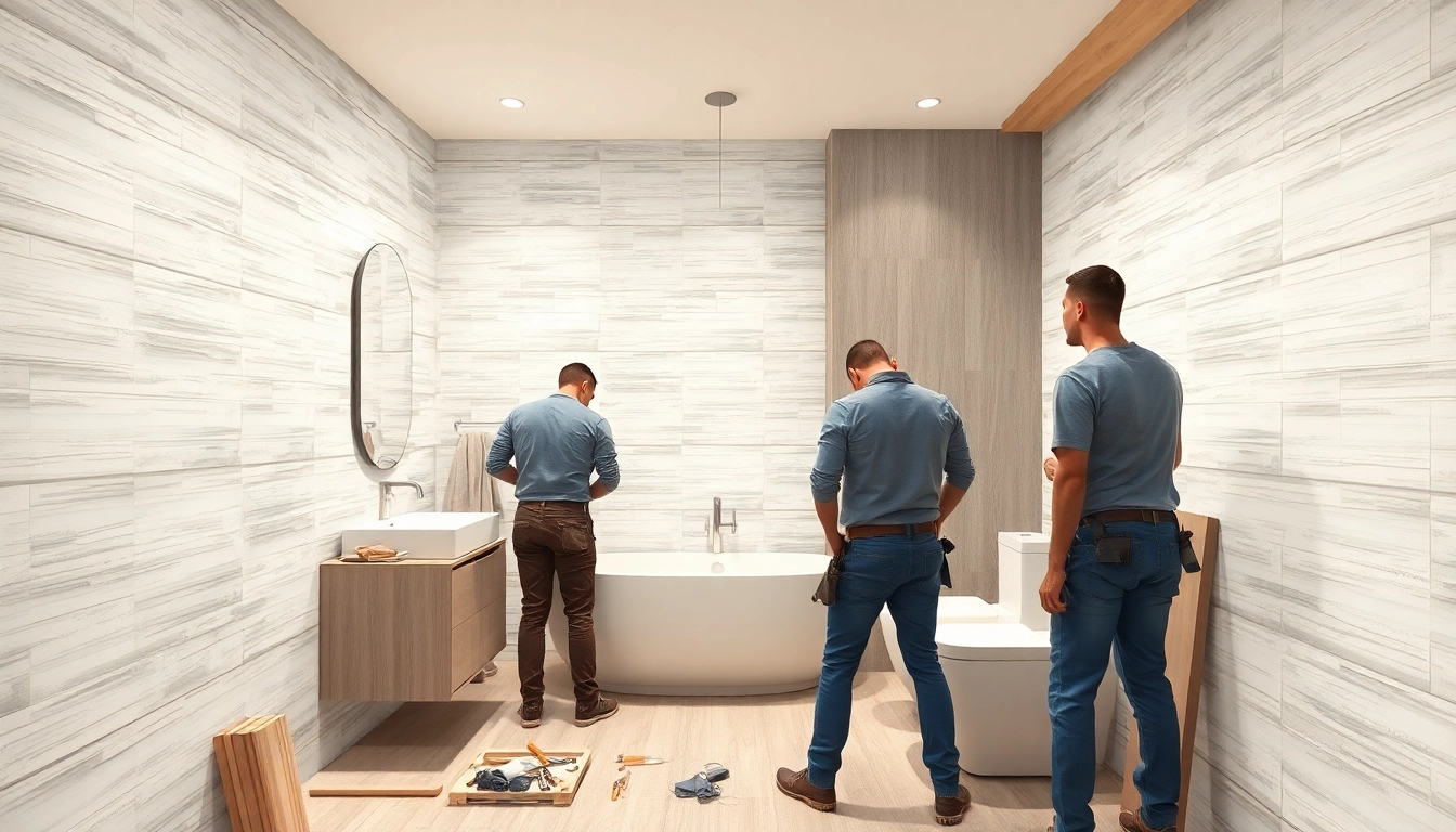 Bathroom fitters skillfully installing modern fixtures in a beautiful remodel.