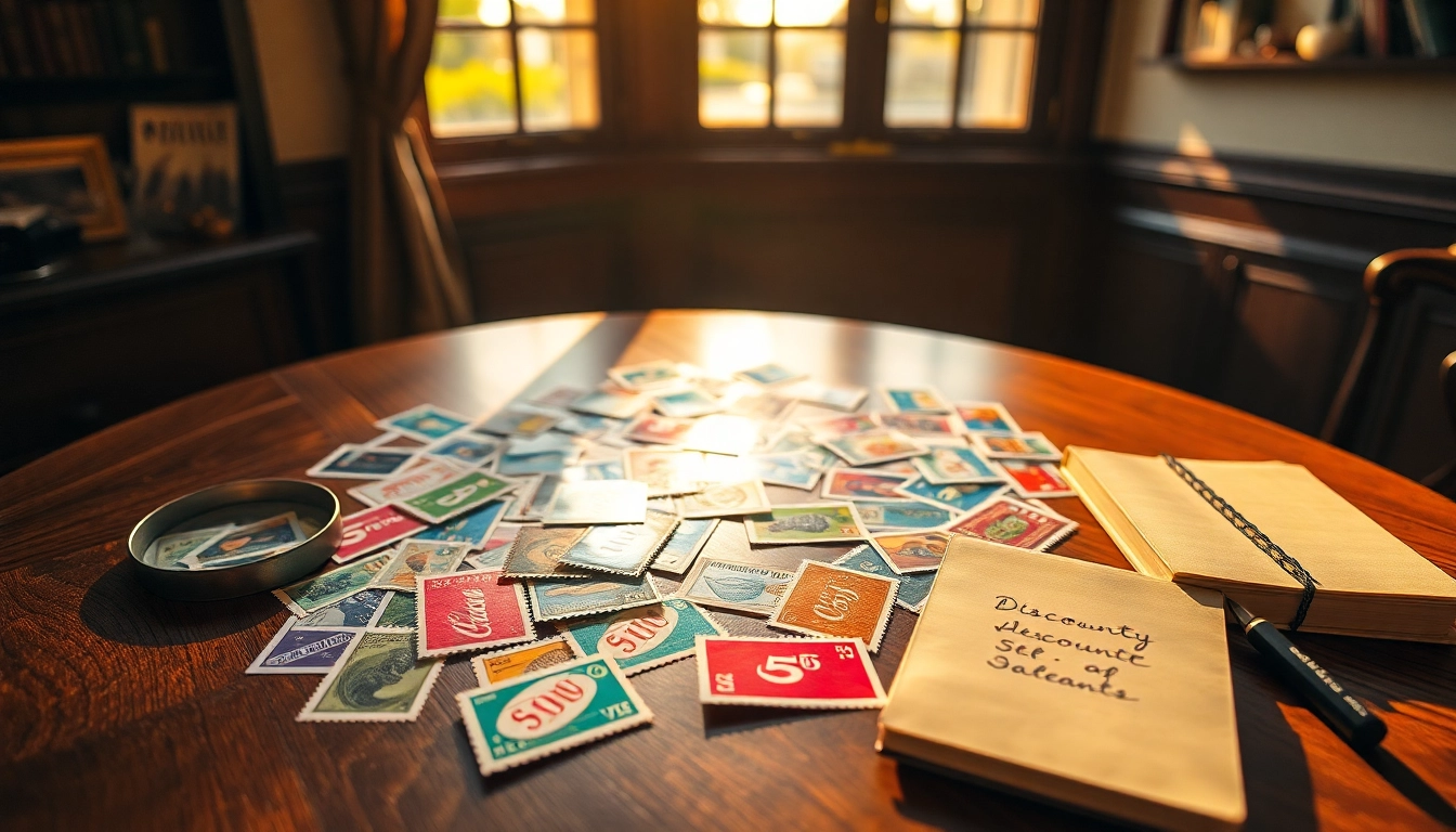 Explore a colorful collection of discount stamps enticingly arranged on a wooden table.
