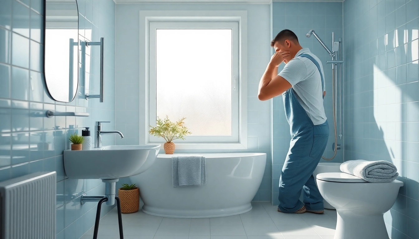 Bathroom fitters installing sleek, modern fixtures in a bright bathroom.