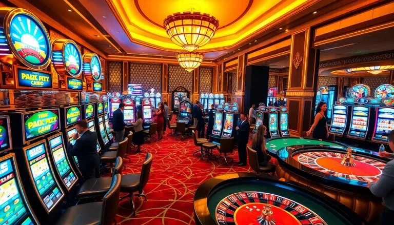 Players enjoying a thrilling game at a luxurious Pay N Play casino filled with vibrant slot machines and poker tables.