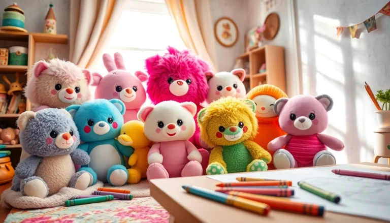 Explore vibrant custom plushies displayed in a cozy children's room, showcasing diverse textures and colors.