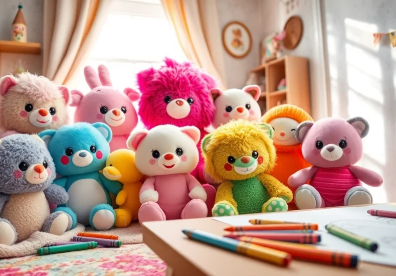 Explore vibrant custom plushies displayed in a cozy children's room, showcasing diverse textures and colors.