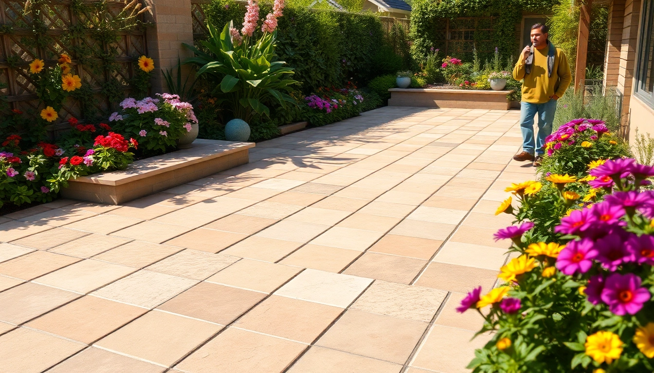 Paving slabs create a stunning outdoor patio surrounded by lush greenery and flowers, inviting relaxation.