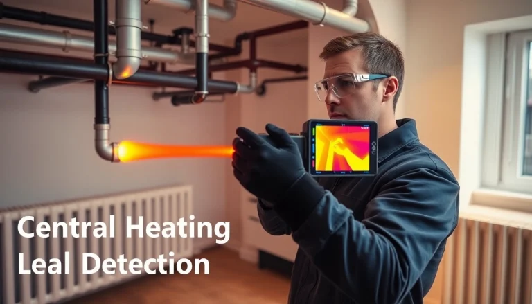 Technician conducting Central Heating Leak Detection using thermal imaging technology to identify heat anomalies.