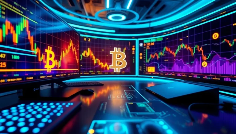 Bitcoin trading scene with advanced cryptocurrency interfaces, blockchain visuals, and digital wallets