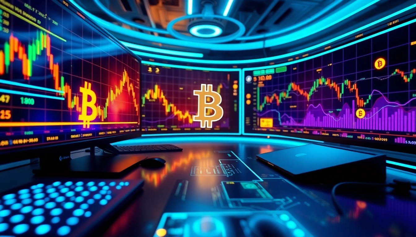 Bitcoin trading scene with advanced cryptocurrency interfaces, blockchain visuals, and digital wallets