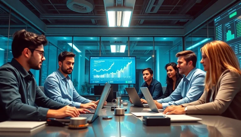 Dynamic office scene showcasing professionals discussing cloud mining trends with advanced technology.