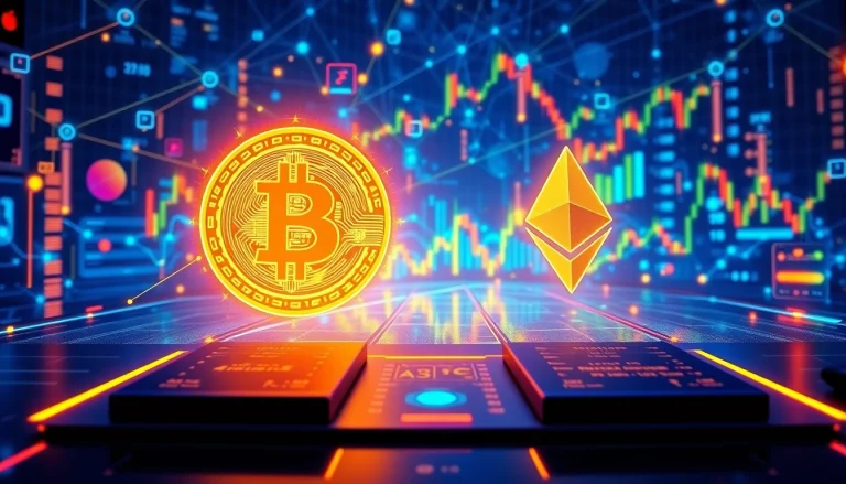 Cryptocurrency trading scene showcasing Bitcoin, Ethereum, and blockchain networks with digital wallet interface.