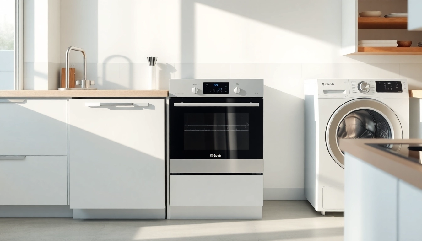 Enhance your home with бяла техника, showcasing sleek Bosch and Gorenje appliances for a modern kitchen.