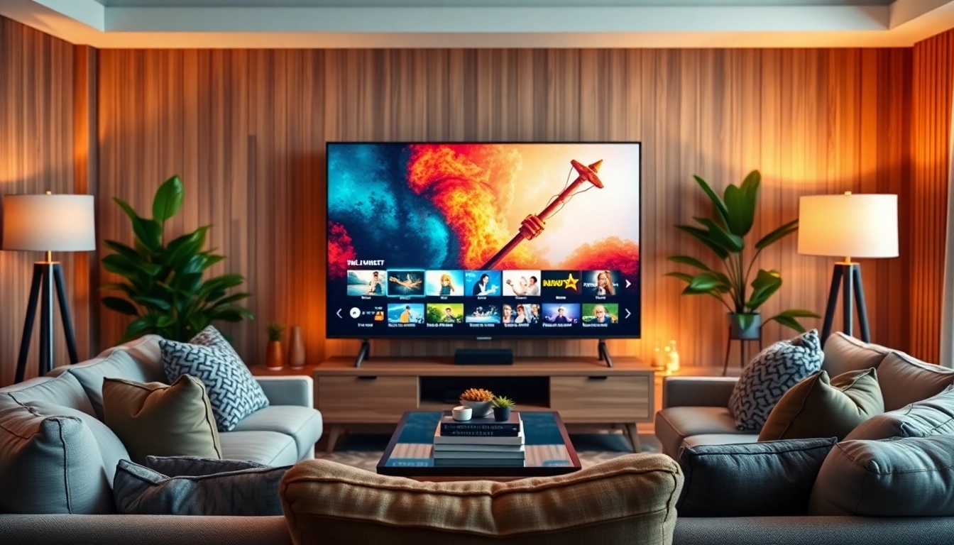 Enjoy a cozy living room setup with iron tv streaming vibrant content in a relaxing atmosphere.