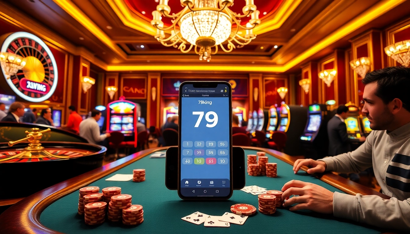 Experience the excitement of the 79king app in a vibrant casino environment with games, chips, and a smartphone.