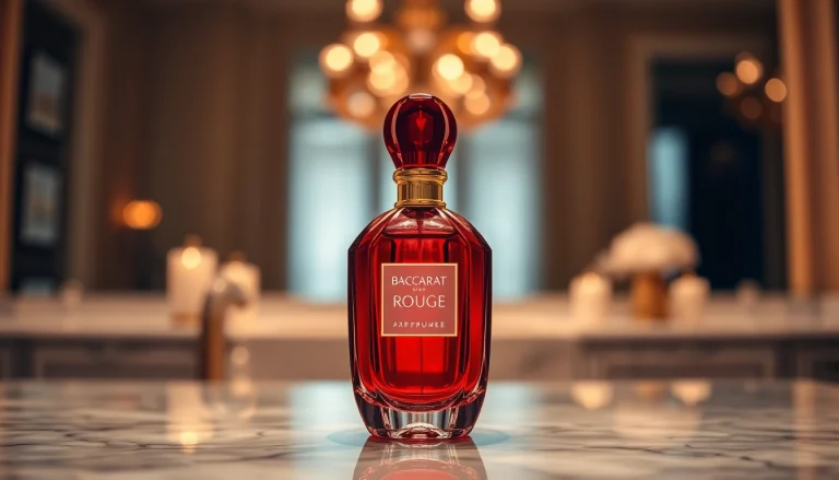 Baccarat Rouge perfume bottle showcased elegantly on a marble surface with warm lights.