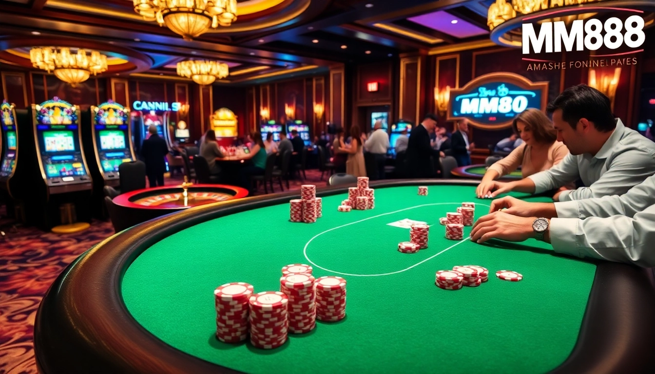 MM88 casino scene showcasing an intense poker game with vibrant decor and excited players.