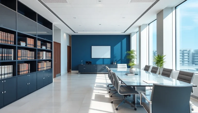 View of a corporate law firm office showcasing a professional environment with legal resources.