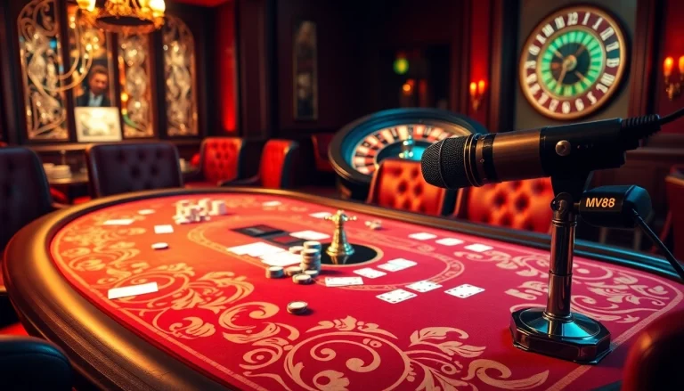 Gamblers playing poker at a luxurious casino featuring the MV88 microphone for live recordings.