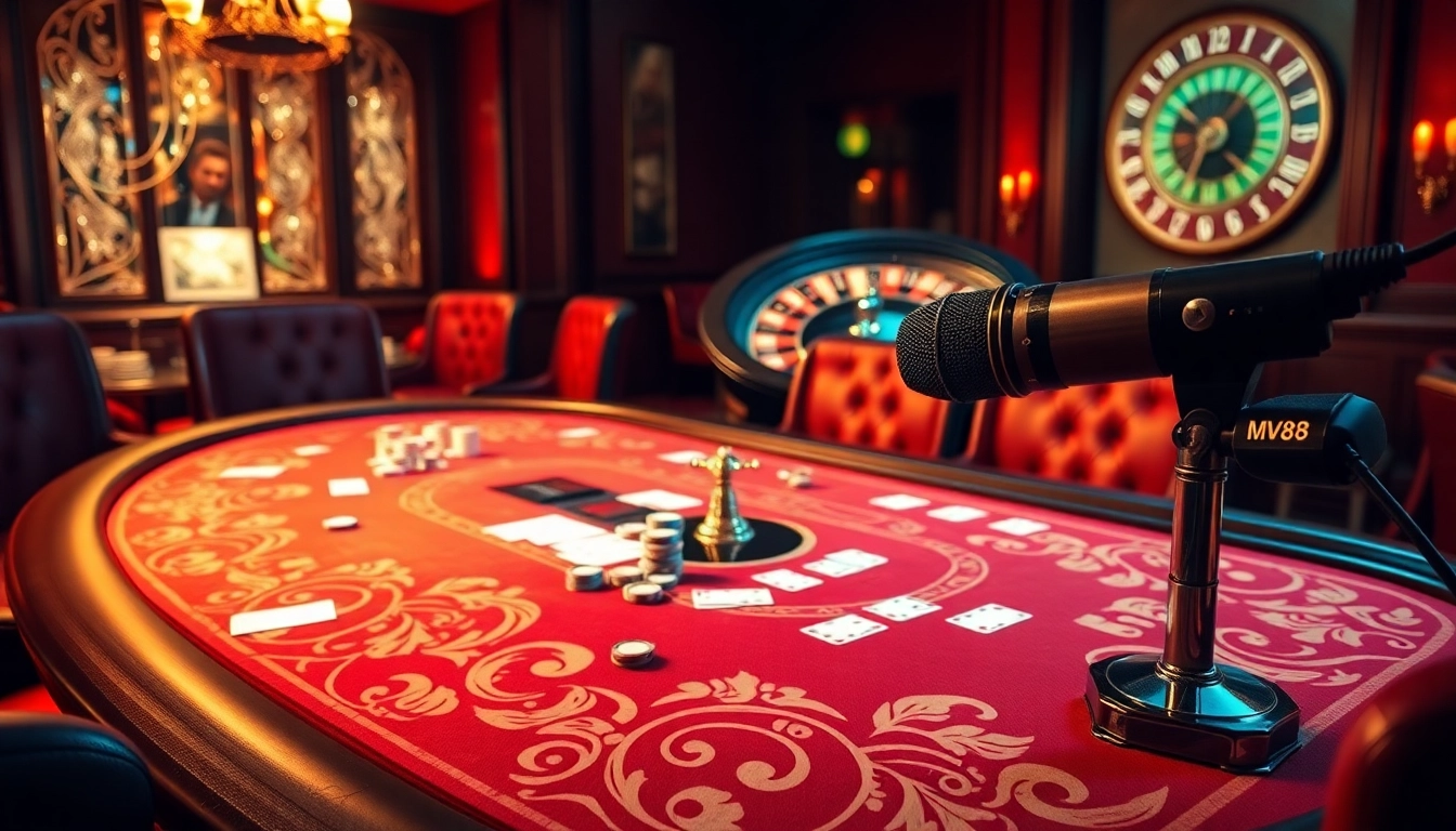 Gamblers playing poker at a luxurious casino featuring the MV88 microphone for live recordings.