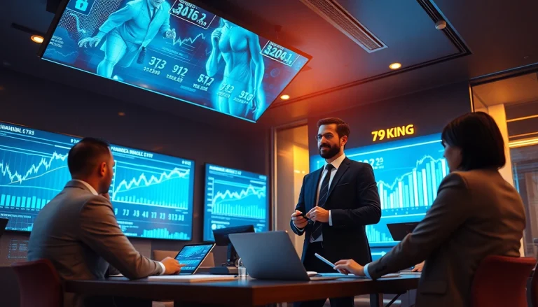 Modern finance office with sleek digital screens and professional branding for 79king, conveying trust and technological innovation