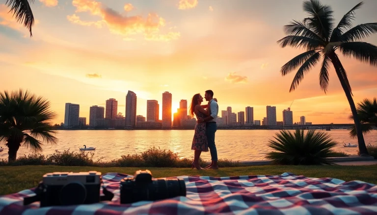 Stunning sunset over Tampa skyline with affectionate couple capturing beautiful moments with photographers in tampa.