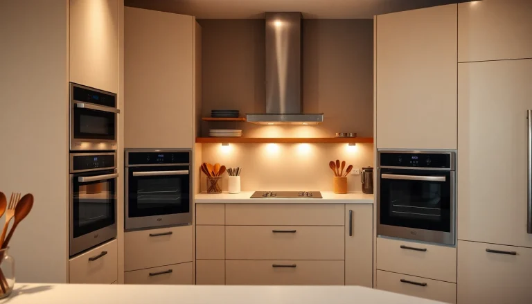 Showcase a stylish arrangement of уреди за вграждане in a contemporary kitchen environment with fresh colors.