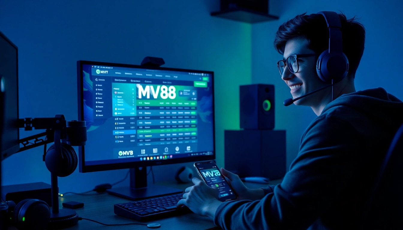 MV88 online gaming interface displayed on a computer screen with digital currency symbols and engaging user.
