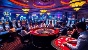 A lively casino scene featuring roulette tables and poker chips at KJC AC 1, showcasing thrilling gambling experiences.
