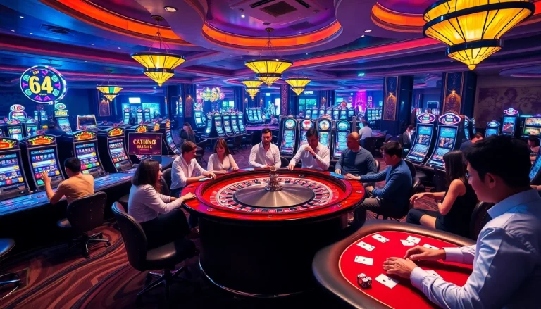 A lively casino scene featuring roulette tables and poker chips at KJC AC 1, showcasing thrilling gambling experiences.
