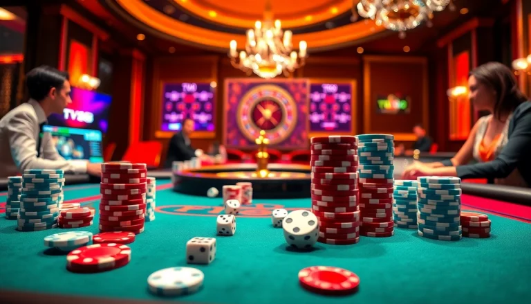 Experience thrilling poker action at TV88's elite gaming tables with vibrant chips and dice.