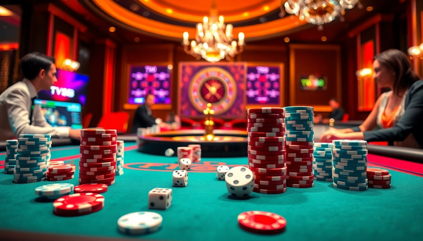 Experience thrilling poker action at TV88's elite gaming tables with vibrant chips and dice.