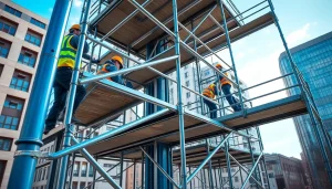 Experienced workers setting up caffolding in Bolton, showcasing safety and professionalism.