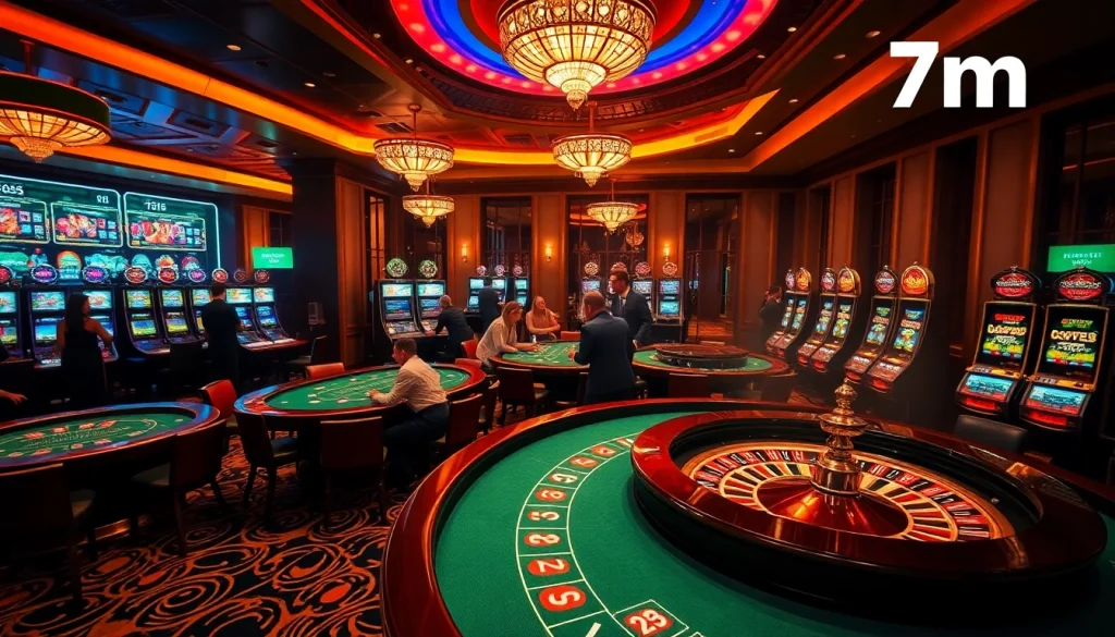 Engaged gamblers enjoy thrilling games at a luxurious casino with 7m betting odds displayed.