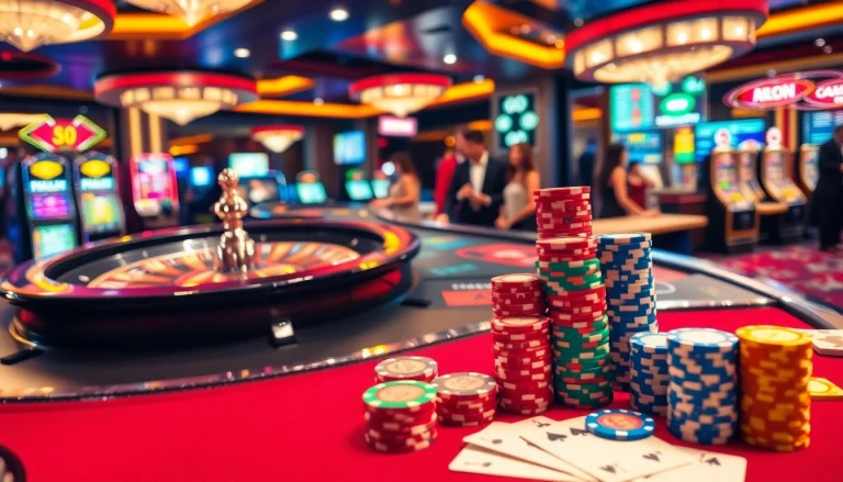 UU88 poker chips stacked strategically in a luxurious casino setting.