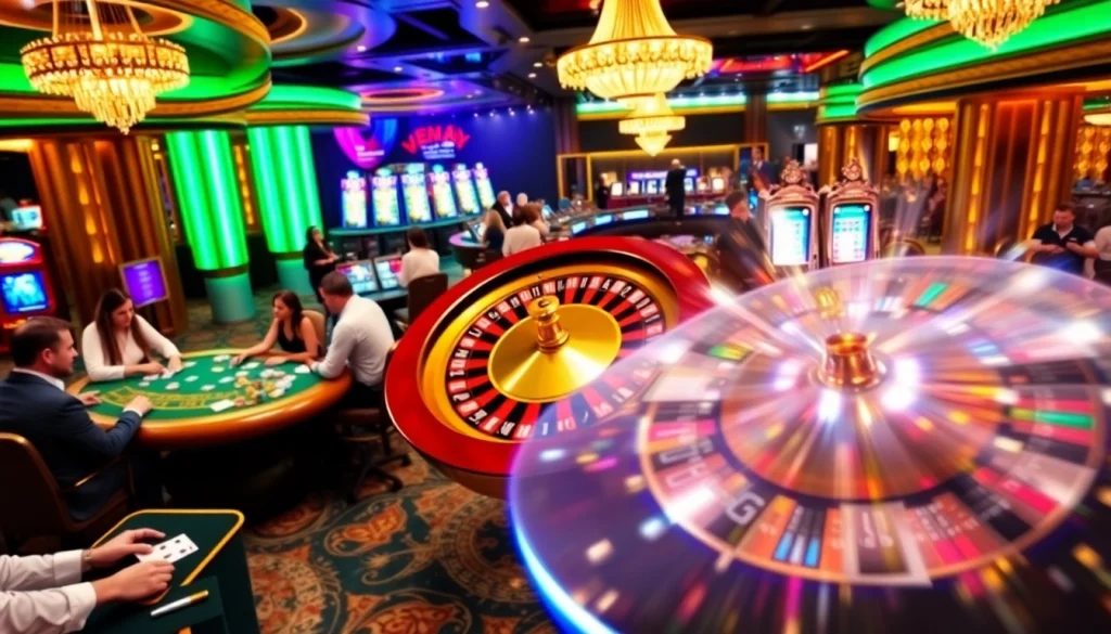 Engage in thrilling games at VMAX casino, featuring vibrant roulette and poker tables.