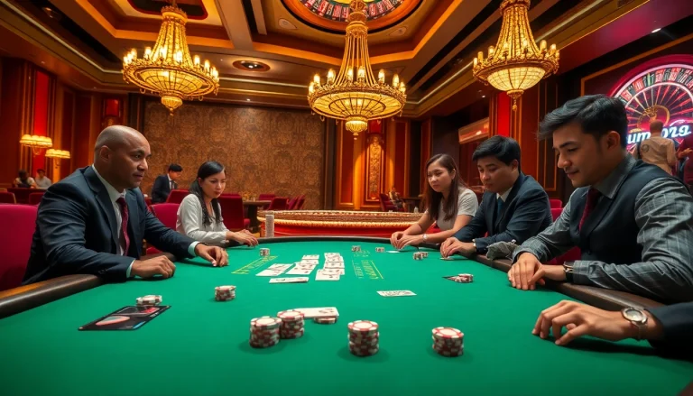 RAJABARONG showcases an exciting casino atmosphere with poker tables, chips, and a roulette wheel setup.