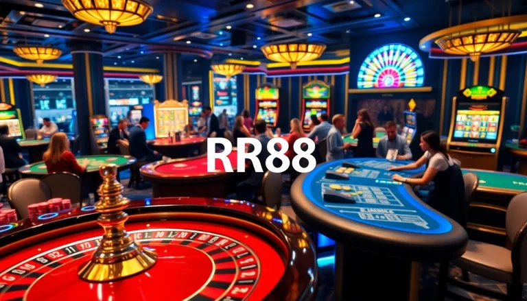Exciting casino scene displaying various gambling activities at https://rr88csn.com/ with poker, roulette, and slot machines.