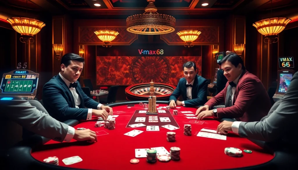Experience the thrill of Vmax 68 at a lavish casino poker table with high-stakes action and vibrant atmosphere.