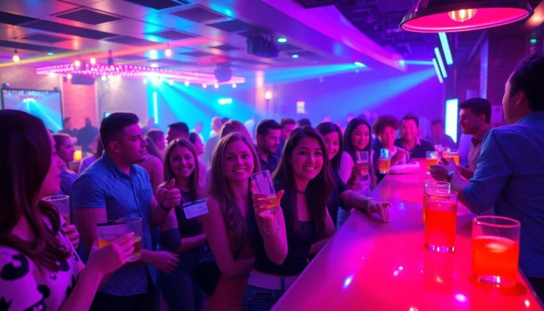 Scene at a lively nightclub showing patrons using Club21ids novelty ID cards to access drinks and fun.