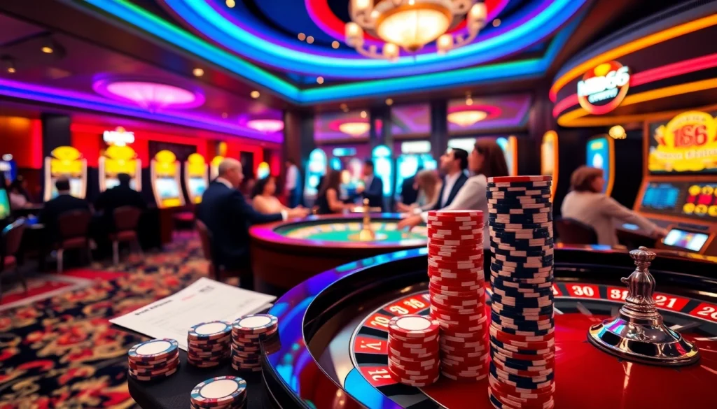 Exciting casino night at MB66 with poker chips and roulette table in action.