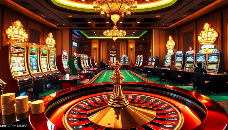 Engaging poker action at MM88.COM casino with vibrant slot machines and roulette wheel.