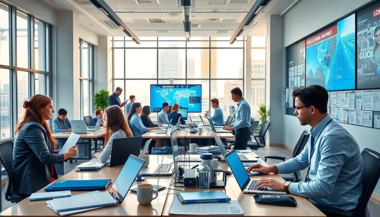 Dubai newspaper office bustling with journalists, laptops, and news updates.