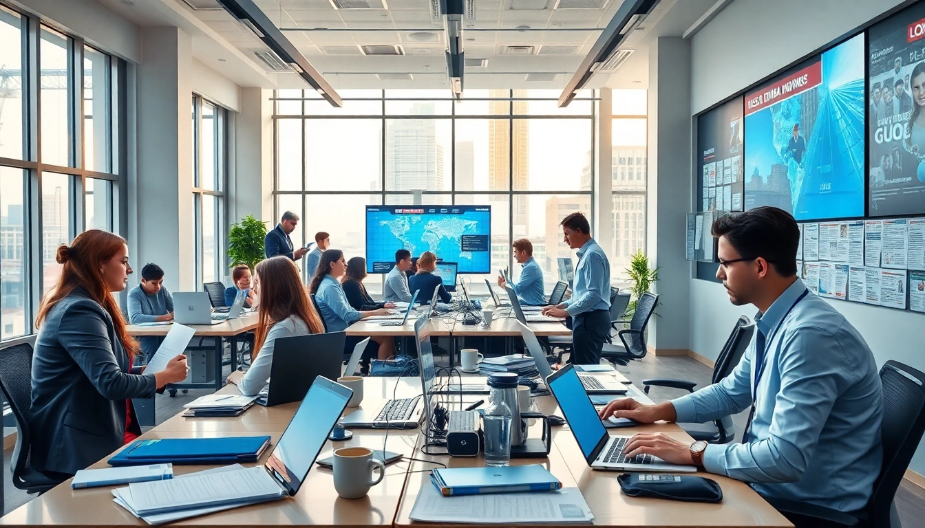 Dubai newspaper office bustling with journalists, laptops, and news updates.