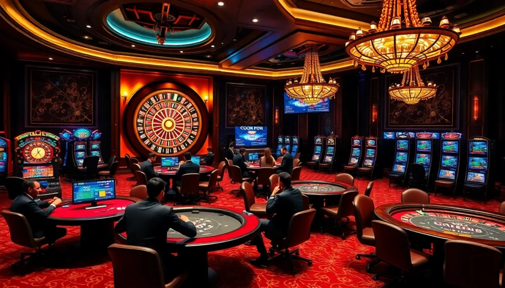 Players enjoying GO8-themed poker games with vibrant casino decor and exciting slot machines.