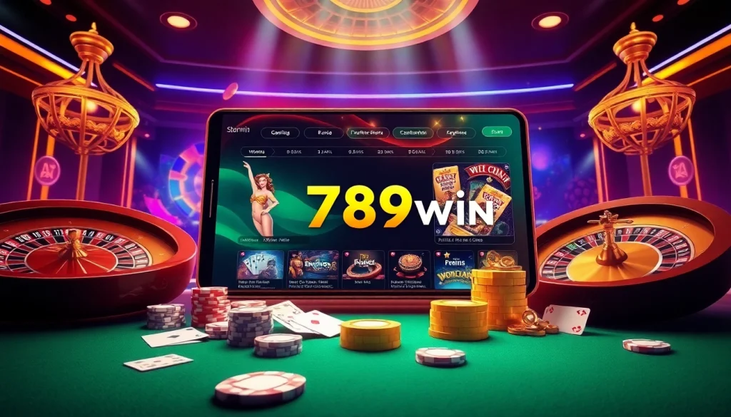 The 789win app interface displayed alongside poker chips and casino elements, showcasing online gambling.
