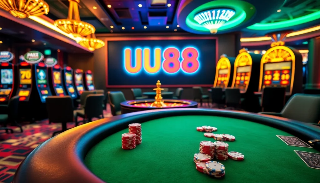 Experience thrilling gambling with UU88's engaging casino games, vibrant poker chips, and roulette excitement.